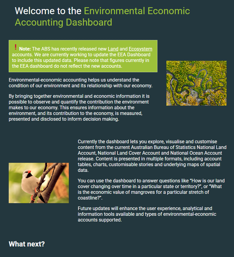 Welcome pop-up menu for the Environmental Economic Accounts