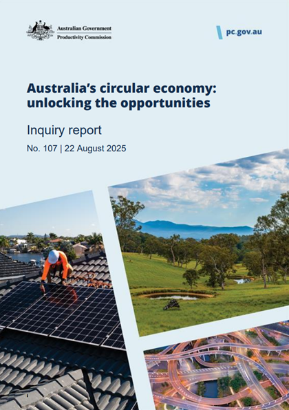 Report cover featuiring collage of solar panel installation, dams on farm and aerial shot of highway flyover