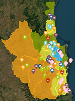 Aerial view of catchment areas with activity pin markers