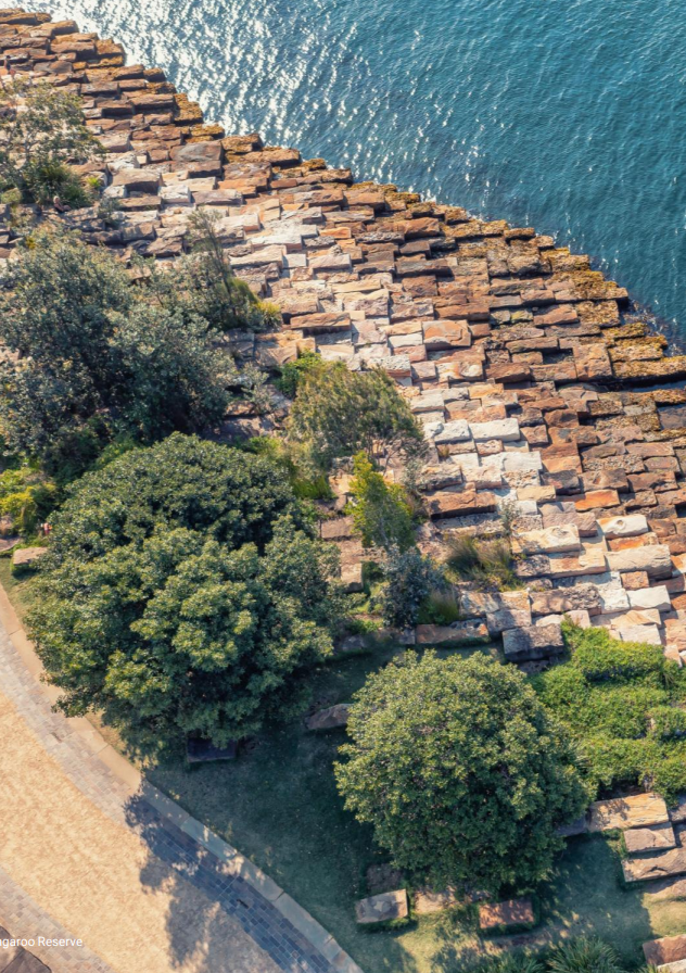 Aerial view of Barangaroo showing trees, water and a rock coastline