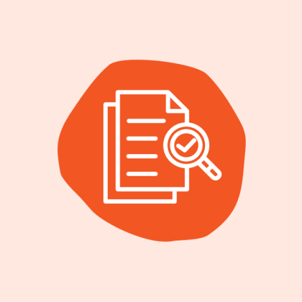 Assess icon: Orange shape with document and magnifying glass icon