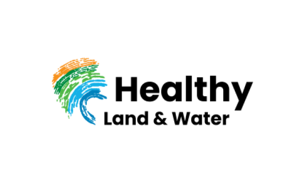 Healthy Land & Water is written in black on the right. On the left is an illustrative wave in yellow, green, light blue and dark blue.