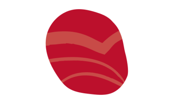 Organic shaped red pebble with 3 lighter red lines inside. It is on a white background.