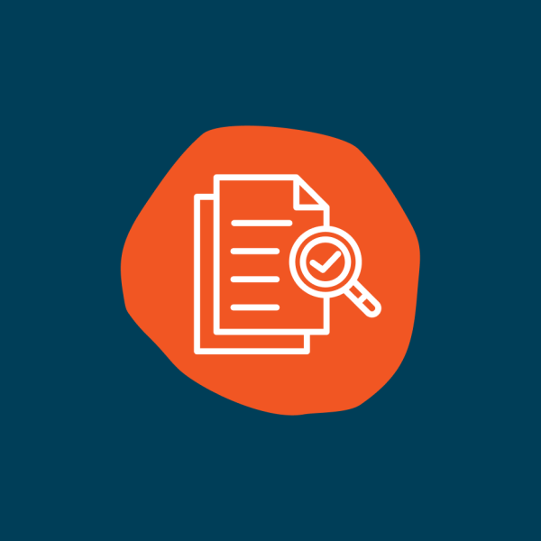 Assess icon: Orange shape with document and magnifying glass icon